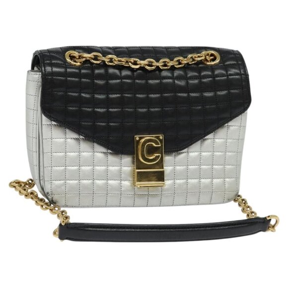CELINE Chain Shoulder Bag Leather Silver Black gold Auth 120162 - Picture 1 of 16
